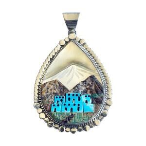 1960s Silver 925 Inlay Stone Navajo Santa Fe Pueblo House Pendant 70mm Signed HF